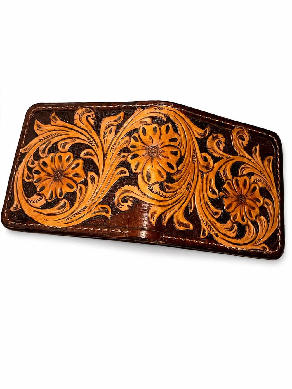 Hand-Tooled Leather Bifold Wallet Basketweave Design Brown floral